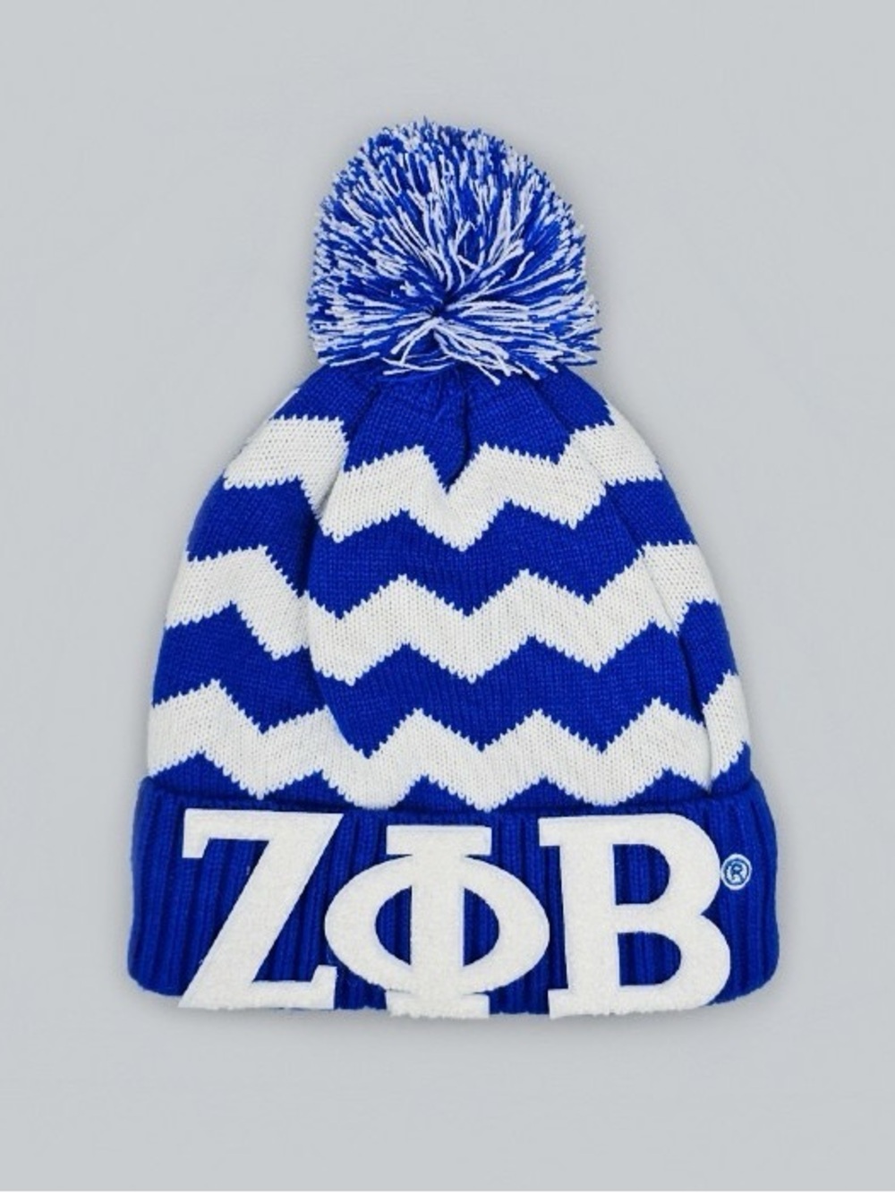 Blue and White Chevron Pom-Pom Knit Beanie with Lettering